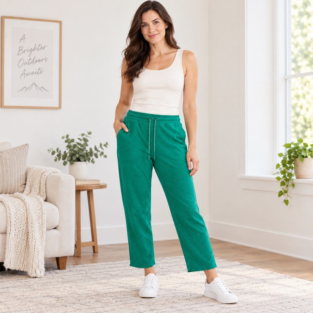 Eddie Bauer Women Size M Green Fleece Lounge Pants Straight Leg Drawstring